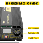 VEVORi puhas siinuslaine inverter 2500W DC 12V kuni AC 230V, USB port, LCD ekraan, kaugjuhtimispult, turvakaitsed ja energiamuundur, mis sobib RV, veoautodele, paatidele ja hädaolukordadele.