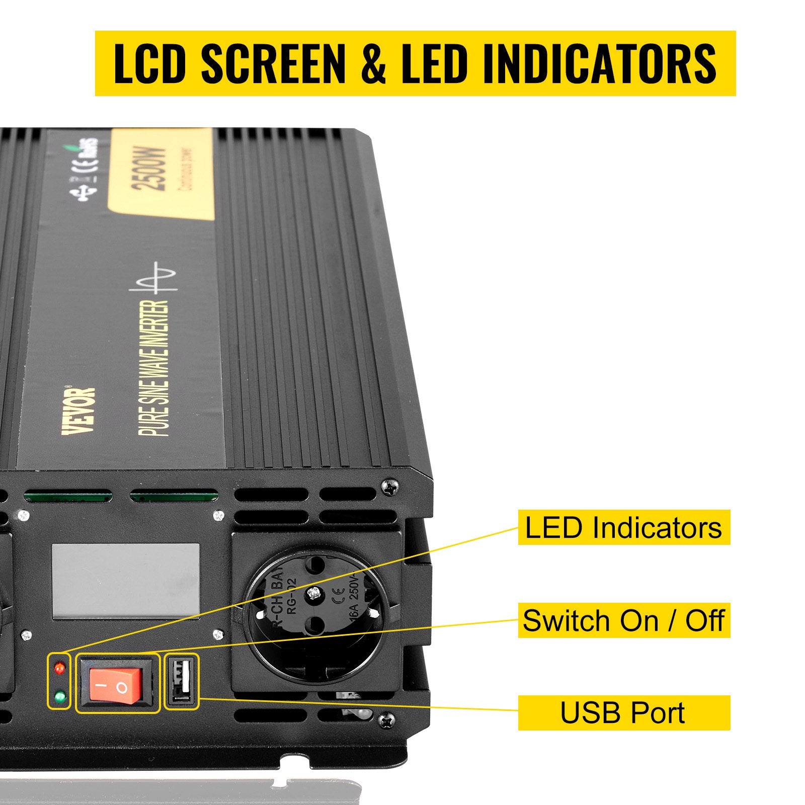 VEVORi puhas siinuslaine inverter 2500W DC 12V kuni AC 230V, USB port, LCD ekraan, kaugjuhtimispult, turvakaitsed ja energiamuundur, mis sobib RV, veoautodele, paatidele ja hädaolukordadele.