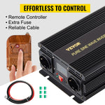 VEVORi puhas siinuslaine inverter 2500W DC 12V kuni AC 230V, USB port, LCD ekraan, kaugjuhtimispult, turvakaitsed ja energiamuundur, mis sobib RV, veoautodele, paatidele ja hädaolukordadele.