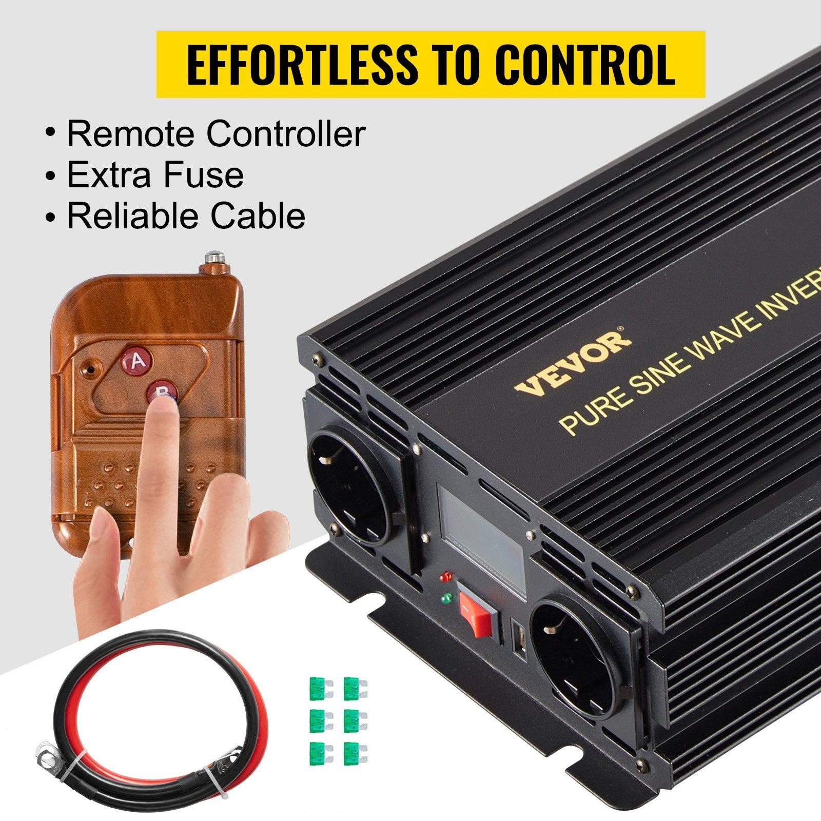 VEVORi puhas siinuslaine inverter 2500W DC 12V kuni AC 230V, USB port, LCD ekraan, kaugjuhtimispult, turvakaitsed ja energiamuundur, mis sobib RV, veoautodele, paatidele ja hädaolukordadele.