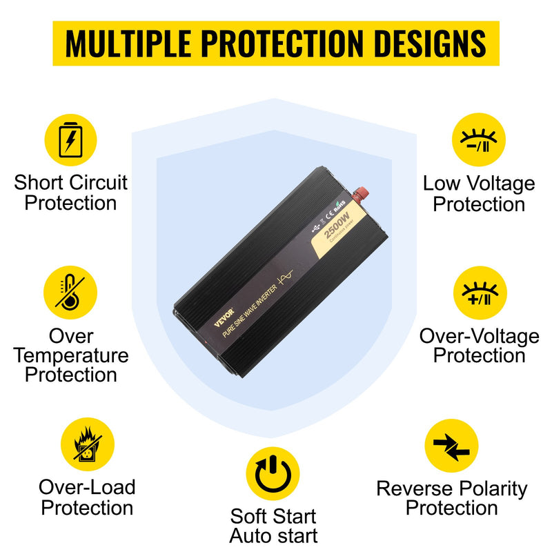 Инвертор VEVOR 2500W DC 12V в AC 230V, с USB-портом, ЖК-дисплеем, пультом дистанционного управления, защитой и преобразователем энергии, подходит для RV, грузовиков, лодок и чрезвычайных ситуаций.