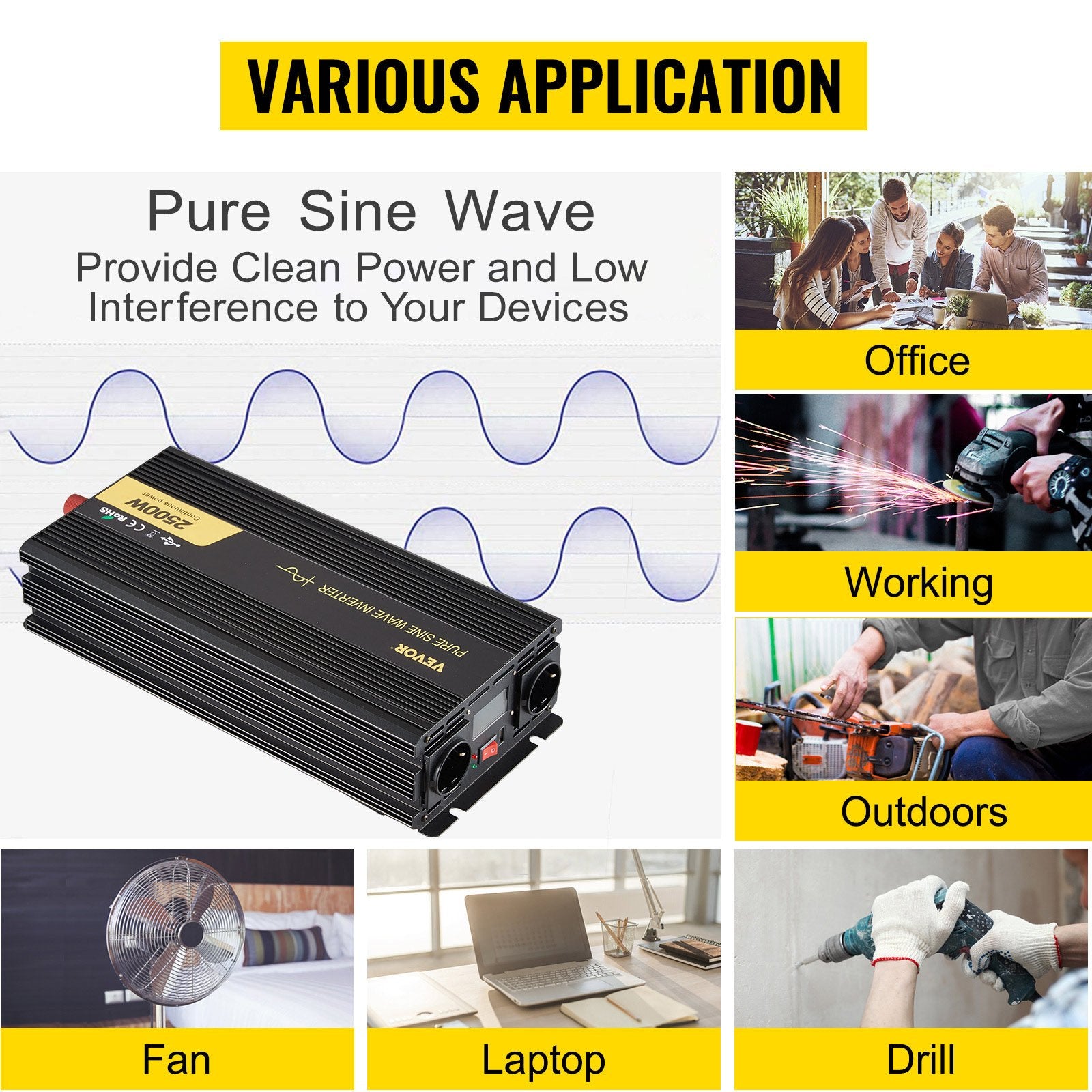 VEVORi puhas siinuslaine inverter 2500W DC 12V kuni AC 230V, USB port, LCD ekraan, kaugjuhtimispult, turvakaitsed ja energiamuundur, mis sobib RV, veoautodele, paatidele ja hädaolukordadele.