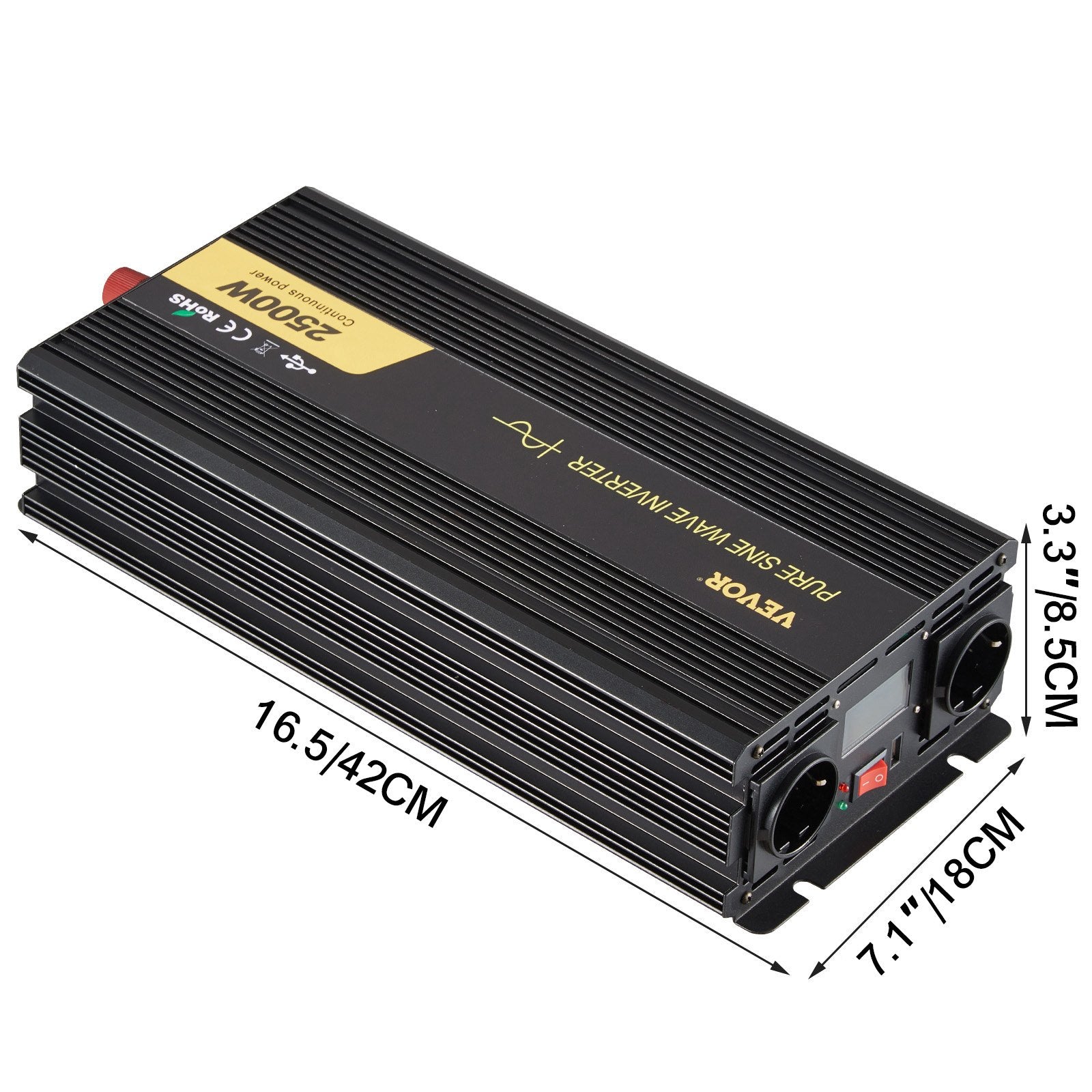 VEVORi puhas siinuslaine inverter 2500W DC 12V kuni AC 230V, USB port, LCD ekraan, kaugjuhtimispult, turvakaitsed ja energiamuundur, mis sobib RV, veoautodele, paatidele ja hädaolukordadele.