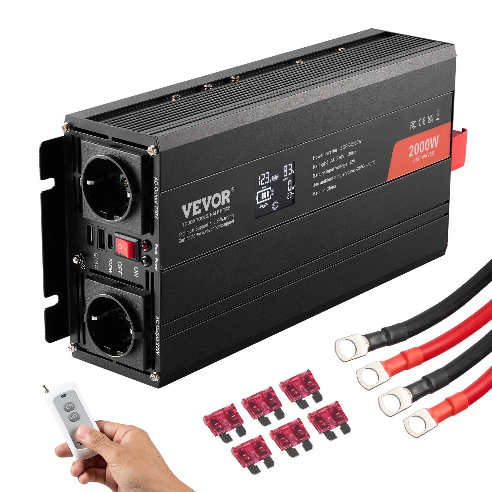 VEVOR puhta siinuslaine inverter 2000W DC12V AC230V, inverter LCD, kaugjuhtimispult, CE