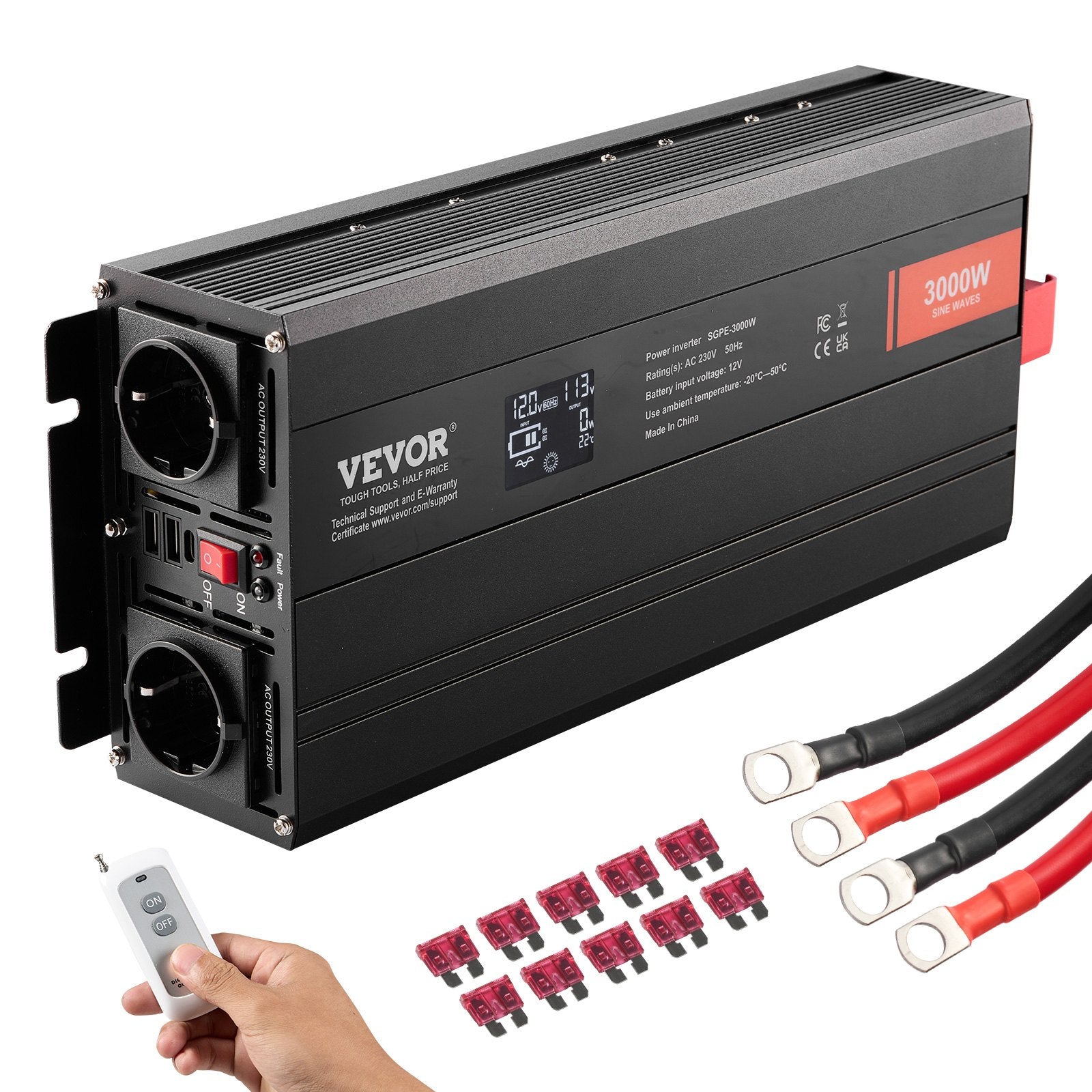 VEVOR puhta siinuslaine inverter 3000 W DC12V AC230V inverter LCD, kaugjuhtimispult, CE