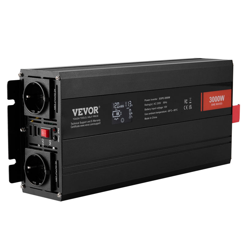 VEVOR tīrā sinusoidālā viļņa invertora jaudas pārveidotājs 3000 W DC12V līdz AC230V invertora LCD, tālvadības pults, CE