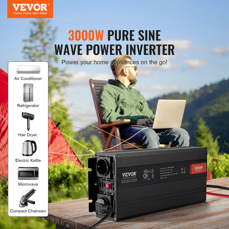 VEVOR tīrā sinusoidālā viļņa invertora jaudas pārveidotājs 3000 W DC12V līdz AC230V invertora LCD, tālvadības pults, CE