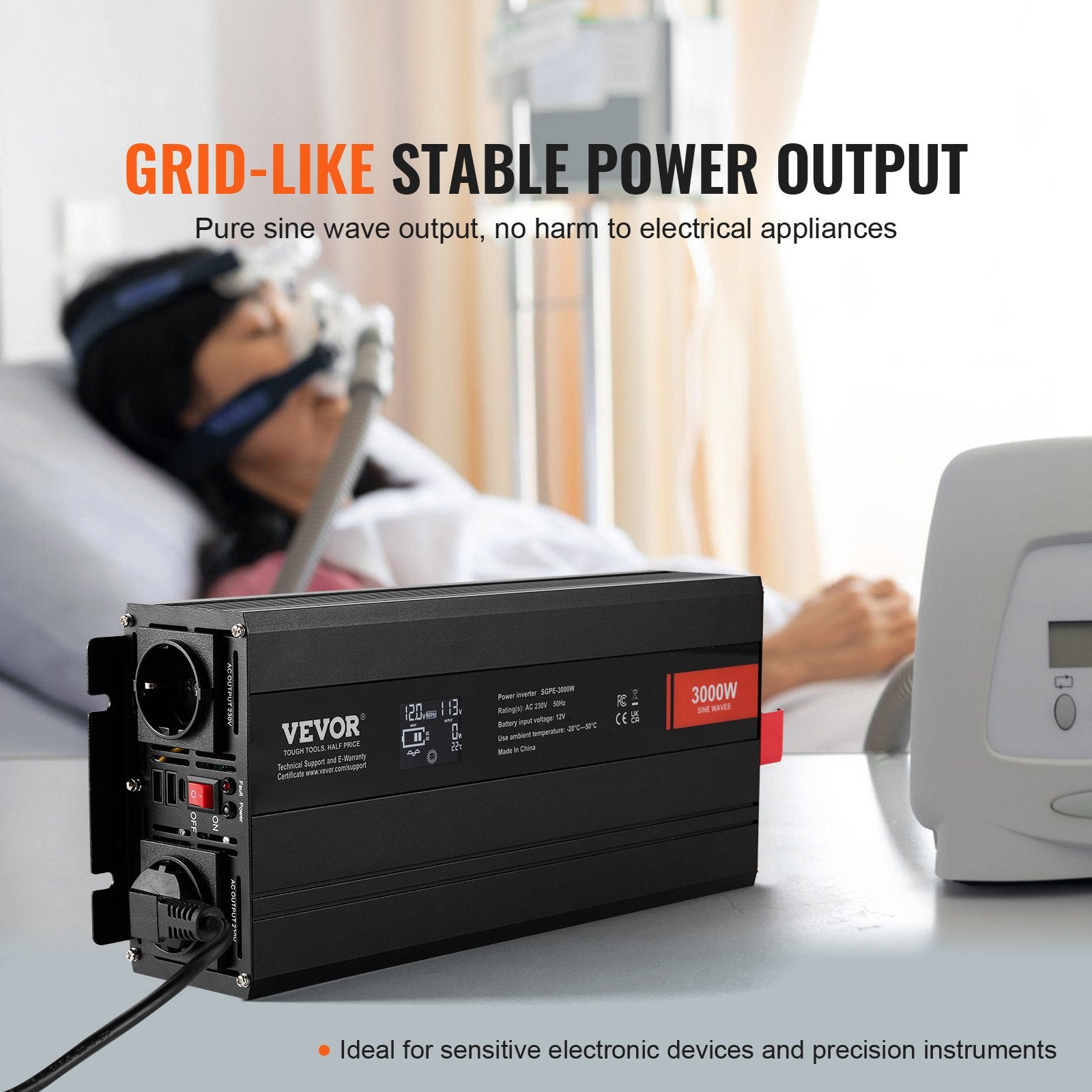 VEVOR puhta siinuslaine inverter 3000 W DC12V AC230V inverter LCD, kaugjuhtimispult, CE