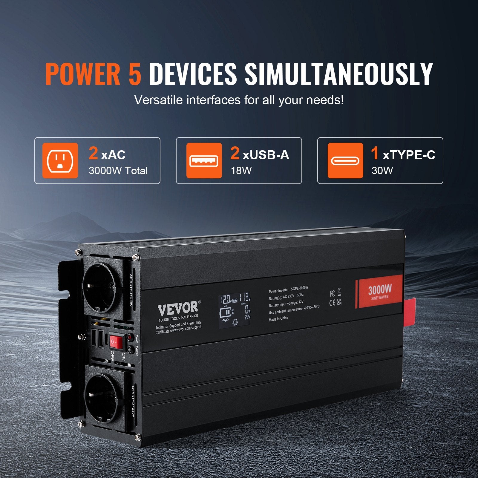 VEVOR puhta siinuslaine inverter 3000 W DC12V AC230V inverter LCD, kaugjuhtimispult, CE