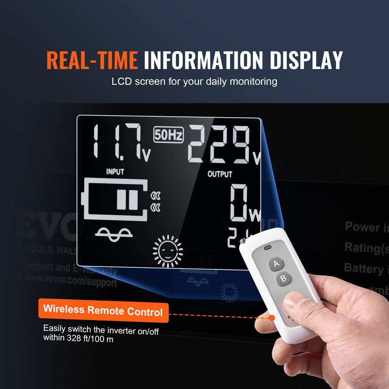 VEVOR чистая синусоида инвертор преобразователь мощности 3000 Вт DC12V в AC230V инвертор LCD, пульт дистанционного управления, CE