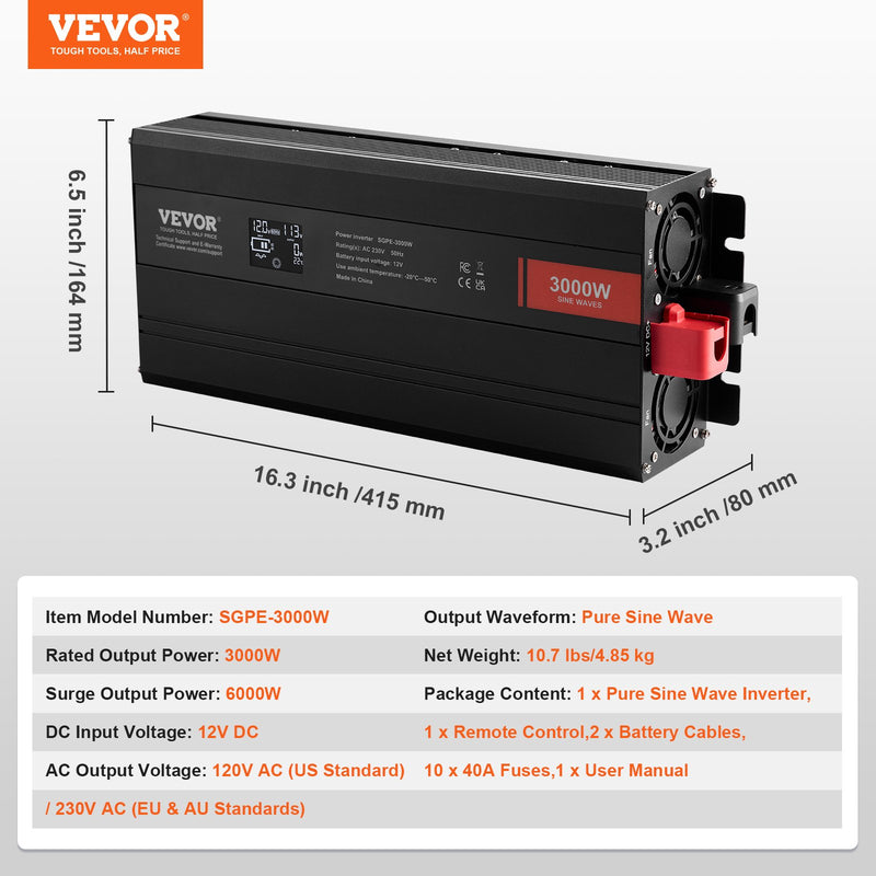 VEVOR tīrā sinusoidālā viļņa invertora jaudas pārveidotājs 3000 W DC12V līdz AC230V invertora LCD, tālvadības pults, CE