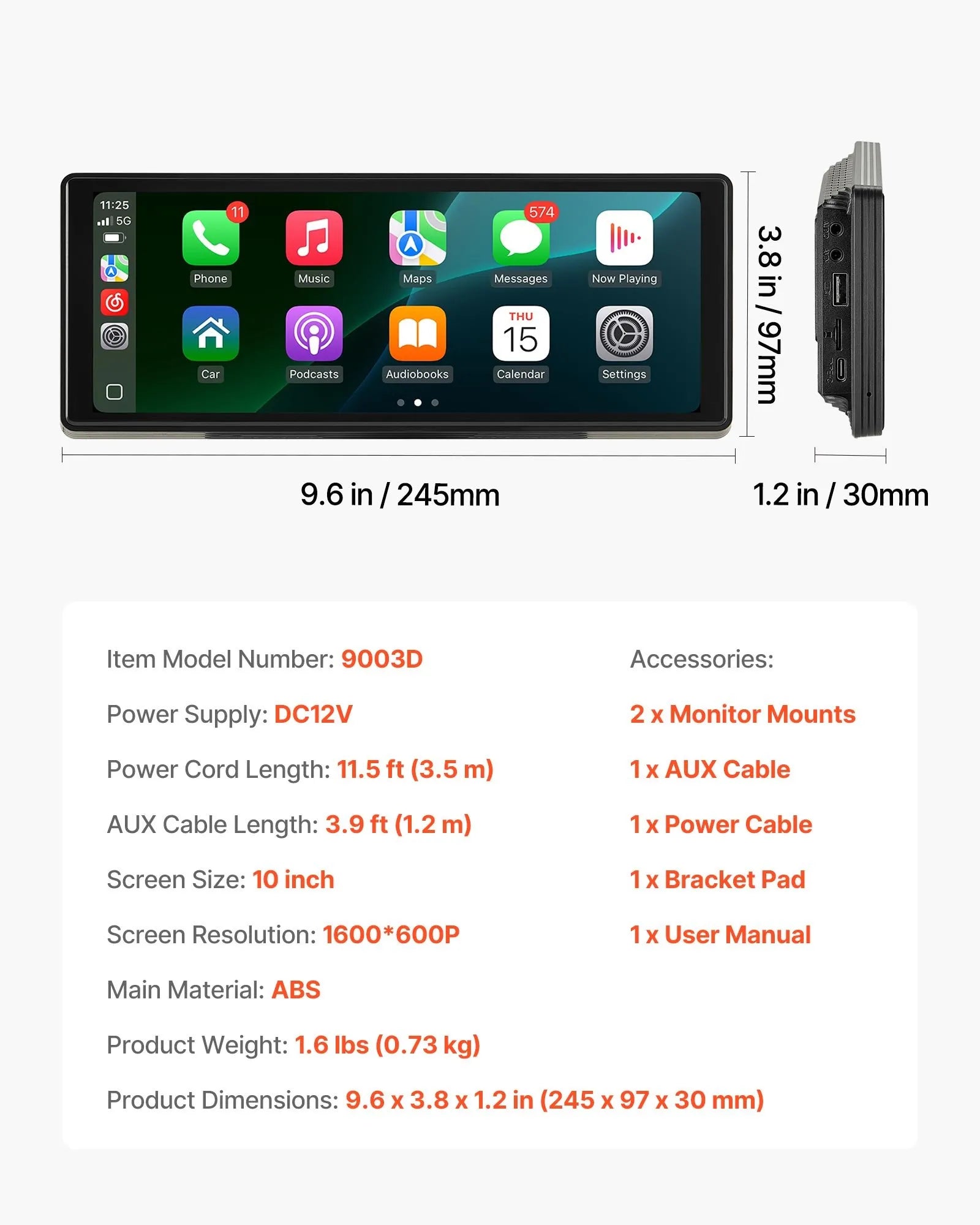 Автомобильный мультимедийный проигрыватель с сенсорным экраном 254 мм, Apple CarPlay, Android Auto, Bluetooth