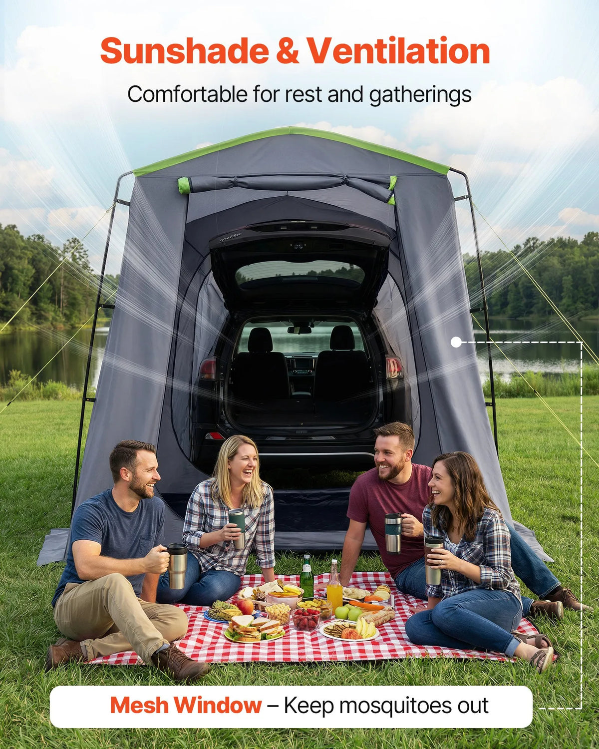 VEVOR liela SUV telts 5–9 personām, 3,23 x 2,44 m visu sezonu bagāžnieka telts ar ventilējamu durvju paneli un sieta logiem, PU3000 mm ūdensizturīga divējādas lietošanas auto aizmugures durvju telts kempingam un pārgājieniem
