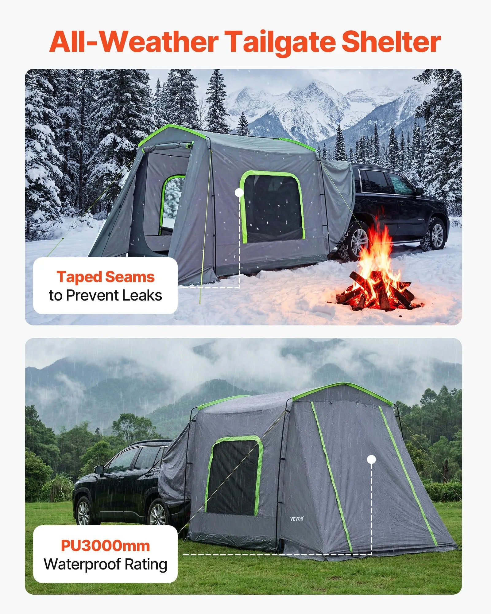 VEVOR liela SUV telts 5–9 personām, 3,23 x 2,44 m visu sezonu bagāžnieka telts ar ventilējamu durvju paneli un sieta logiem, PU3000 mm ūdensizturīga divējādas lietošanas auto aizmugures durvju telts kempingam un pārgājieniem