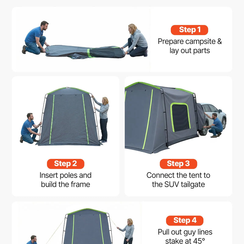 VEVOR liela SUV telts 5–9 personām, 3,23 x 2,44 m visu sezonu bagāžnieka telts ar ventilējamu durvju paneli un sieta logiem, PU3000 mm ūdensizturīga divējādas lietošanas auto aizmugures durvju telts kempingam un pārgājieniem