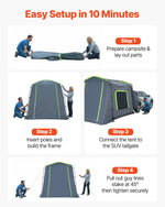 VEVOR liela SUV telts 5–9 personām, 3,23 x 2,44 m visu sezonu bagāžnieka telts ar ventilējamu durvju paneli un sieta logiem, PU3000 mm ūdensizturīga divējādas lietošanas auto aizmugures durvju telts kempingam un pārgājieniem
