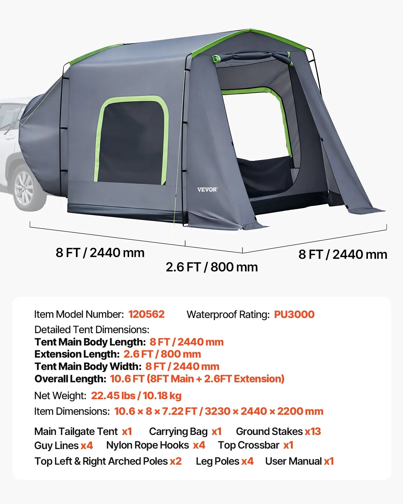 VEVOR liela SUV telts 5–9 personām, 3,23 x 2,44 m visu sezonu bagāžnieka telts ar ventilējamu durvju paneli un sieta logiem, PU3000 mm ūdensizturīga divējādas lietošanas auto aizmugures durvju telts kempingam un pārgājieniem
