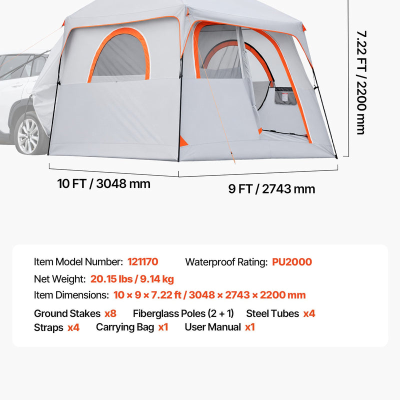 VEVOR SUV telts 6 personām 3,05 × 2,74 m, 3 sezonu bagāžnieka telts ar ventilējamām durvīm un sieta logiem, PU2000 mm ūdensizturība, divējāda lietošana, piemērota kempingam un pārgājieniem