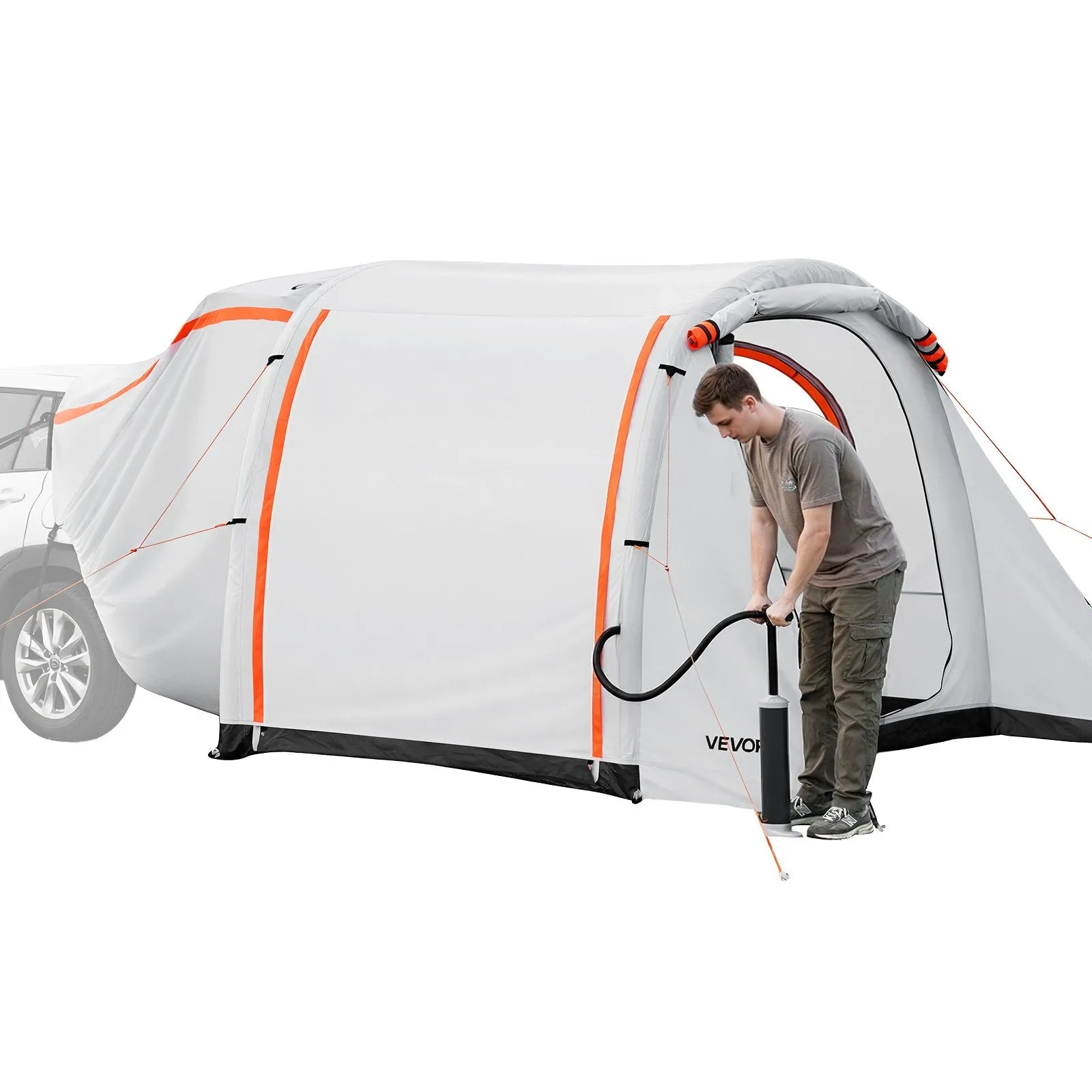 VEVOR piepūšama SUV telts ar nojumi 2,44 x 2,04 m, 3 sezonu bagāžnieka telts ar ventilējamām durvīm un sieta logu, PU2000 mm ūdensizturība, piemērota auto aizmugures durvīm kempingam, komplektā gaisa sūknis