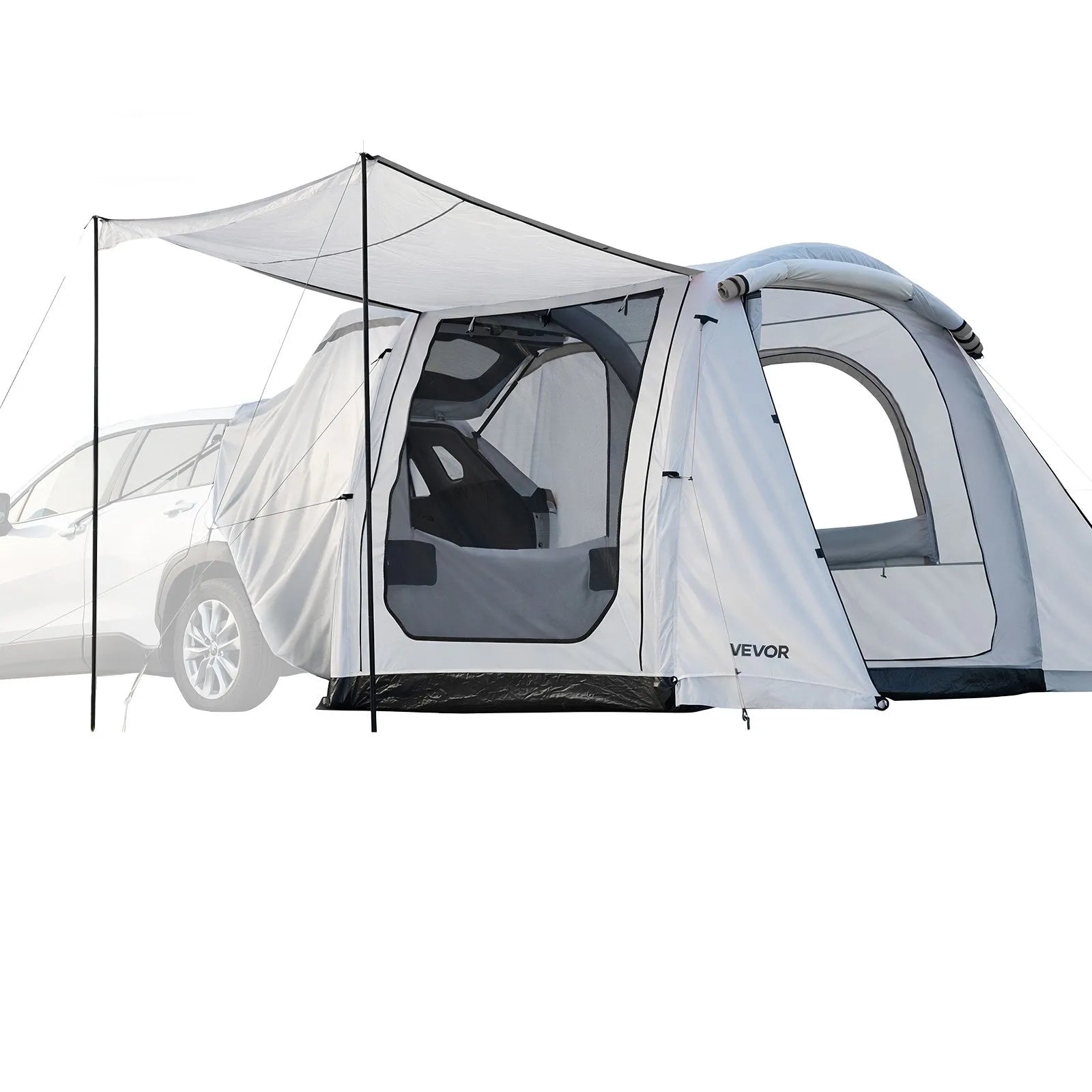 VEVOR piepūšama SUV telts ar nojumi 2,44 x 2,04 m, 3 sezonu bagāžnieka telts ar ventilējamām durvīm un sieta logu, PU2000 mm ūdensizturība, piemērota auto aizmugures durvīm kempingam, komplektā gaisa sūknis