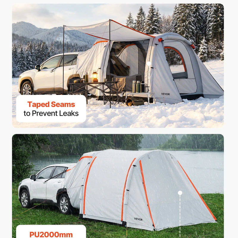 VEVOR piepūšama SUV telts ar nojumi 2,44 x 2,04 m, 3 sezonu bagāžnieka telts ar ventilējamām durvīm un sieta logu, PU2000 mm ūdensizturība, piemērota auto aizmugures durvīm kempingam, komplektā gaisa sūknis