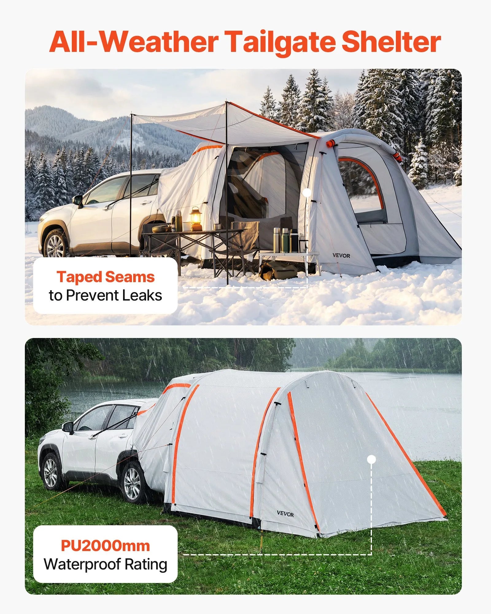 VEVOR piepūšama SUV telts ar nojumi 2,44 x 2,04 m, 3 sezonu bagāžnieka telts ar ventilējamām durvīm un sieta logu, PU2000 mm ūdensizturība, piemērota auto aizmugures durvīm kempingam, komplektā gaisa sūknis