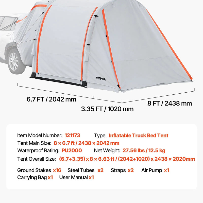 VEVOR piepūšama SUV telts ar nojumi 2,44 x 2,04 m, 3 sezonu bagāžnieka telts ar ventilējamām durvīm un sieta logu, PU2000 mm ūdensizturība, piemērota auto aizmugures durvīm kempingam, komplektā gaisa sūknis