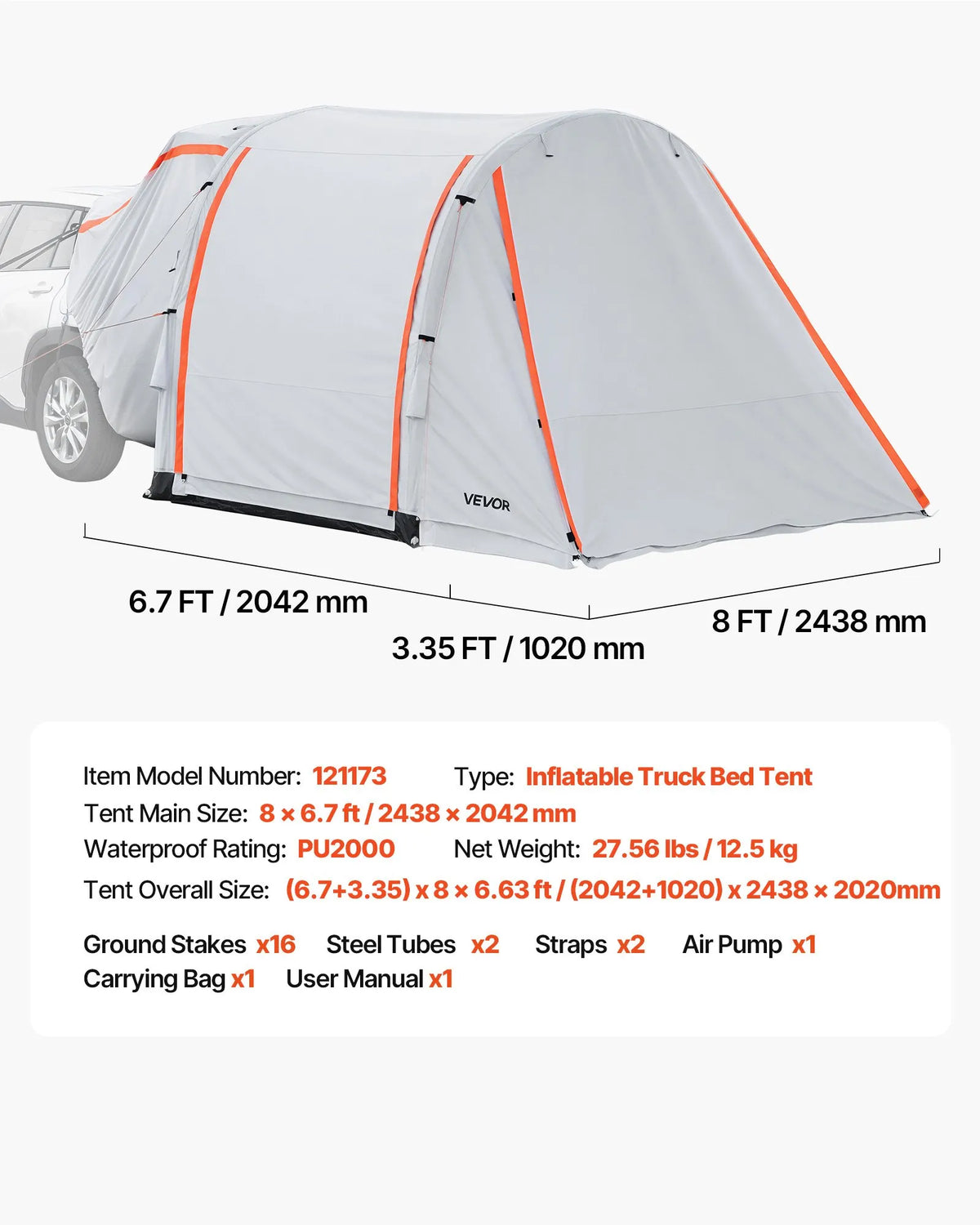 VEVOR piepūšama SUV telts ar nojumi 2,44 x 2,04 m, 3 sezonu bagāžnieka telts ar ventilējamām durvīm un sieta logu, PU2000 mm ūdensizturība, piemērota auto aizmugures durvīm kempingam, komplektā gaisa sūknis