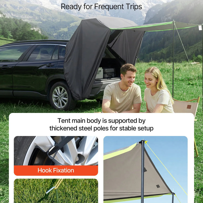 VEVOR SUV telts ar saules nojumi, visu sezonu bagāžnieka telts, PU2000 mm ūdensizturīga auto aizmugures durvju kempinga telts, pārnēsājama saules aizsardzības patversme ar pārnēsāšanas somu pārgājieniem brīvā dabā