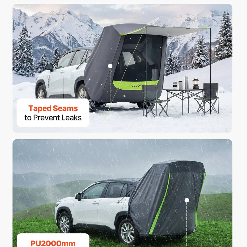 VEVOR SUV telts ar saules nojumi, visu sezonu bagāžnieka telts, PU2000 mm ūdensizturīga auto aizmugures durvju kempinga telts, pārnēsājama saules aizsardzības patversme ar pārnēsāšanas somu pārgājieniem brīvā dabā