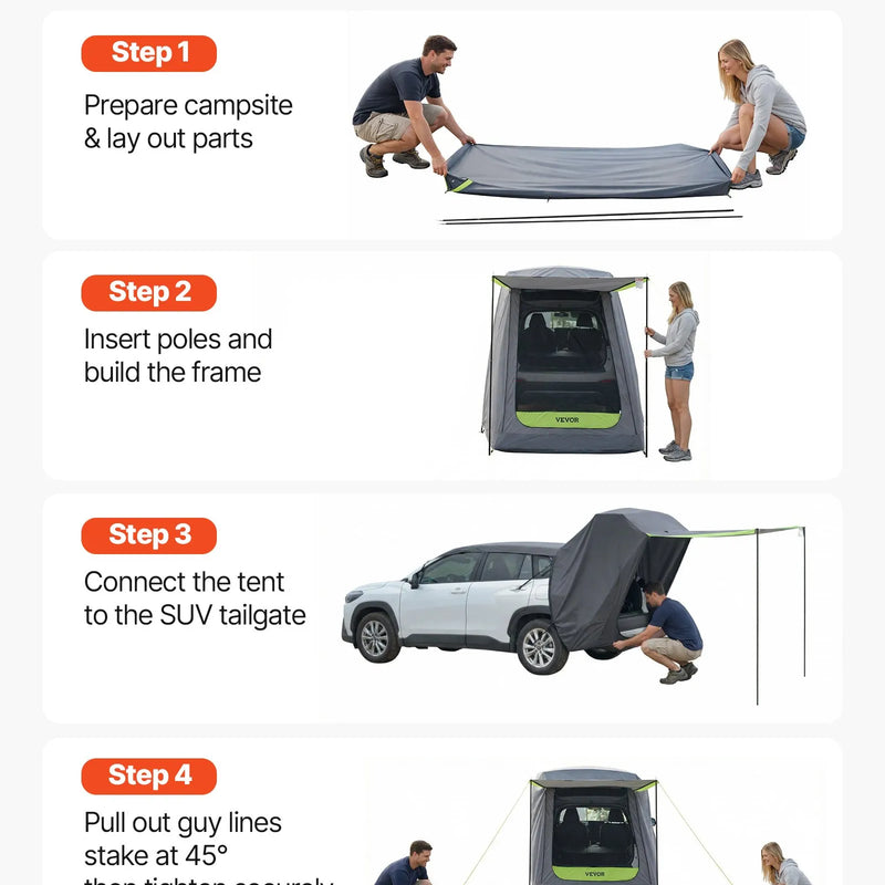 VEVOR SUV telts ar saules nojumi, visu sezonu bagāžnieka telts, PU2000 mm ūdensizturīga auto aizmugures durvju kempinga telts, pārnēsājama saules aizsardzības patversme ar pārnēsāšanas somu pārgājieniem brīvā dabā