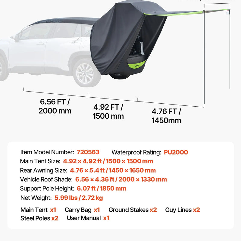 VEVOR SUV telts ar saules nojumi, visu sezonu bagāžnieka telts, PU2000 mm ūdensizturīga auto aizmugures durvju kempinga telts, pārnēsājama saules aizsardzības patversme ar pārnēsāšanas somu pārgājieniem brīvā dabā