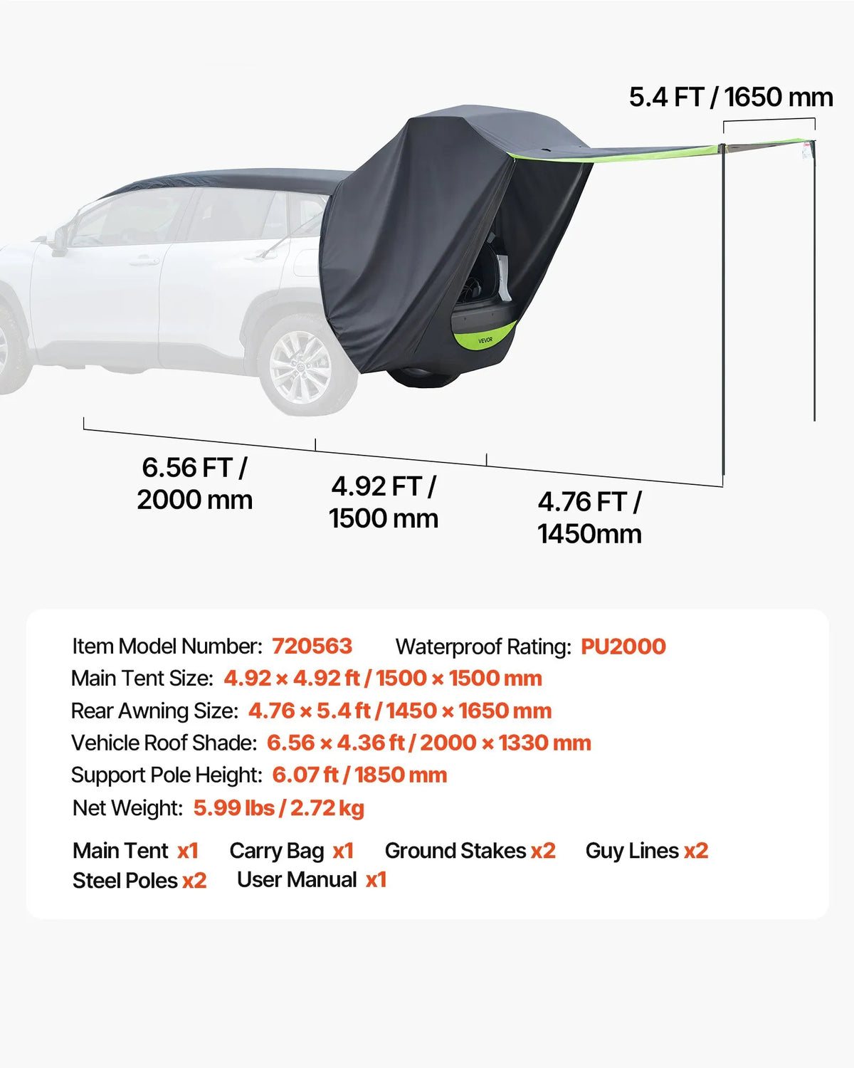 VEVOR SUV telts ar saules nojumi, visu sezonu bagāžnieka telts, PU2000 mm ūdensizturīga auto aizmugures durvju kempinga telts, pārnēsājama saules aizsardzības patversme ar pārnēsāšanas somu pārgājieniem brīvā dabā