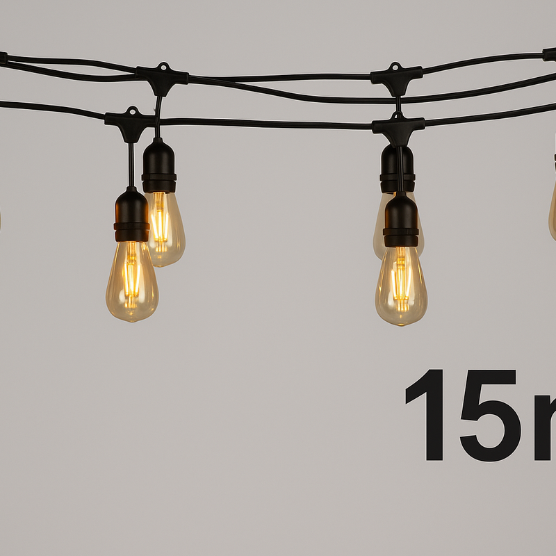 3673(B70238x15)_15m E27 spuldžu cokolu virtene ar iekļautām 15 spuldzēm E27 2W LED filament ST64 2700K Smoky, starp cokoliem 1m x15,ūdensdroša IP65, AC220-240V, 2.68kg, melna, ar 220V rozeti beigās un kontakdakšu sākumā, iespējams saslēgt vairākas virknē