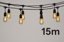 3673(B70238x15)_15m E27 spuldžu cokolu virtene ar iekļautām 15 spuldzēm E27 2W LED filament ST64 2700K Smoky, starp cokoliem 1m x15,ūdensdroša IP65, AC220-240V, 2.68kg, melna, ar 220V rozeti beigās un kontakdakšu sākumā, iespējams saslēgt vairākas virknē