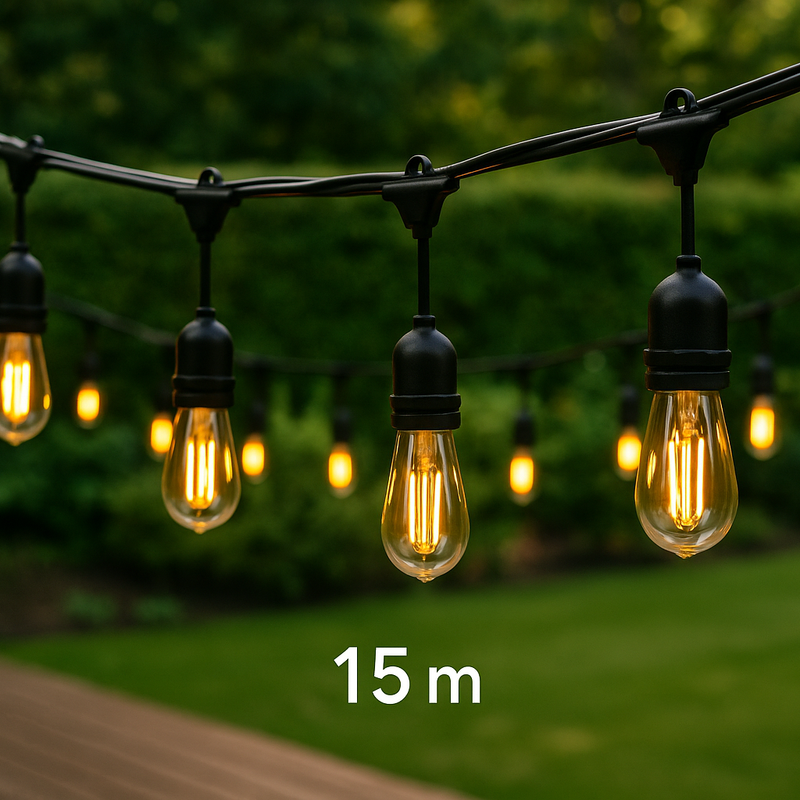 3673(B70238x15)_15m E27 spuldžu cokolu virtene ar iekļautām 15 spuldzēm E27 2W LED filament ST64 2700K Smoky, starp cokoliem 1m x15,ūdensdroša IP65, AC220-240V, 2.68kg, melna, ar 220V rozeti beigās un kontakdakšu sākumā, iespējams saslēgt vairākas virknē