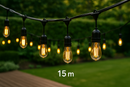 3673(B70238x15)_15m E27 spuldžu cokolu virtene ar iekļautām 15 spuldzēm E27 2W LED filament ST64 2700K Smoky, starp cokoliem 1m x15,ūdensdroša IP65, AC220-240V, 2.68kg, melna, ar 220V rozeti beigās un kontakdakšu sākumā, iespējams saslēgt vairākas virknē
