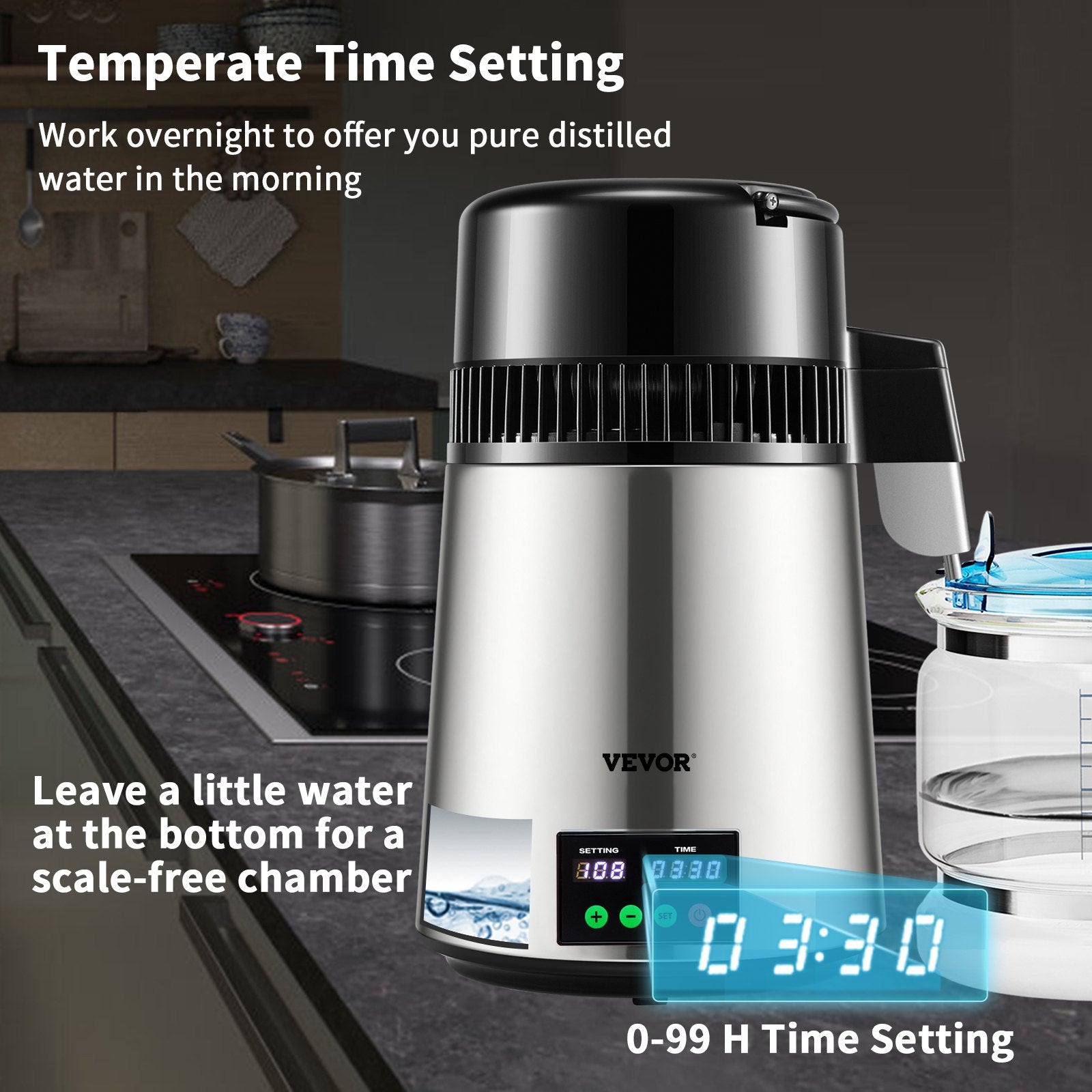 4L VEVOR ūdens destilators ar 1 l/h ražību, taimeri un temperatūras displeju, sudraba krā