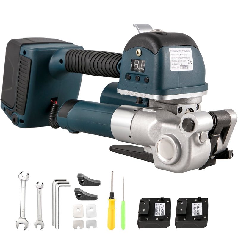 VEVOR elektriskais lentu stiprināšanas rīks DD19A – rokas strapping iekārta PP/PET lentēm 10–16 mm platumā, ar elektrisko metināšanu un regulējamu spriegojumu 400–3500 N, akumulatora darbināma