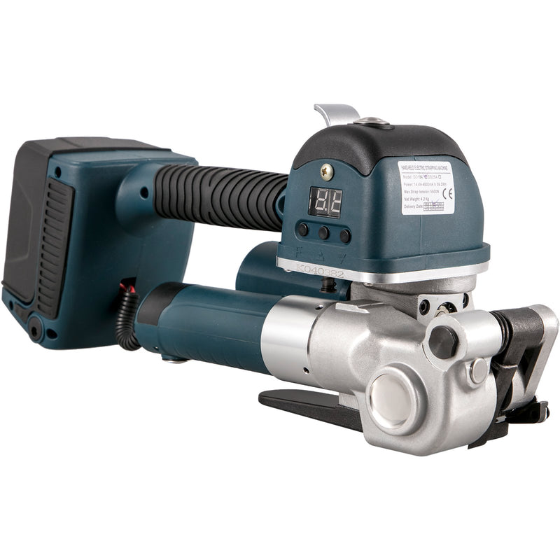 VEVOR elektriskais lentu stiprināšanas rīks DD19A – rokas strapping iekārta PP/PET lentēm 10–16 mm platumā, ar elektrisko metināšanu un regulējamu spriegojumu 400–3500 N, akumulatora darbināma