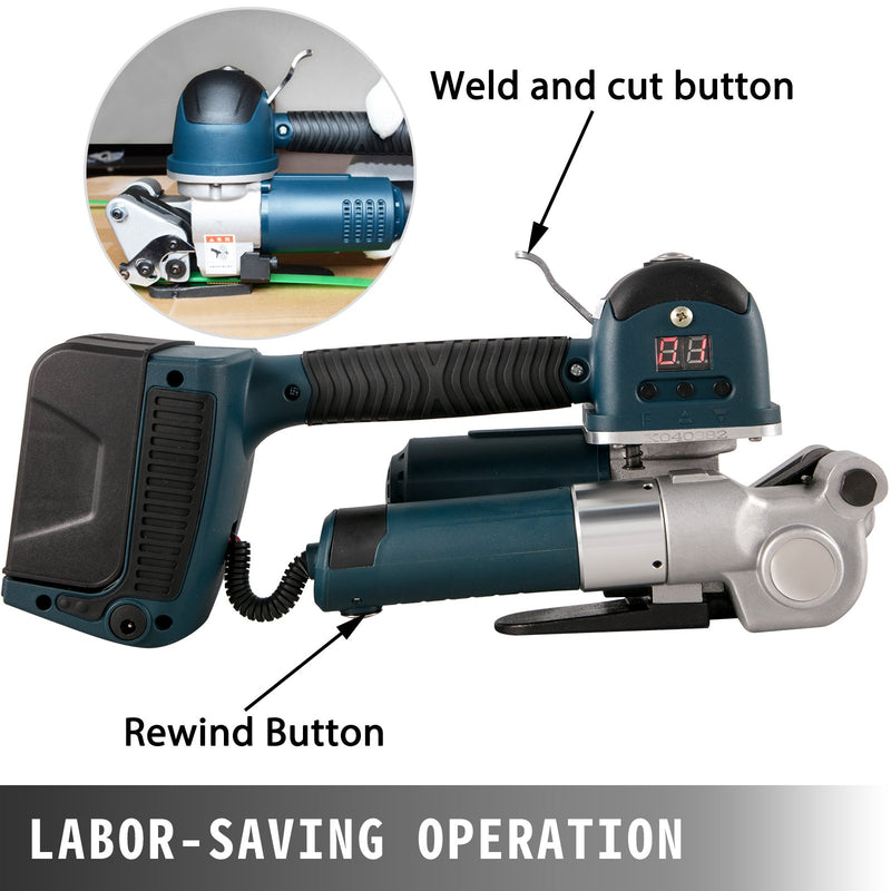 VEVOR elektriskais lentu stiprināšanas rīks DD19A – rokas strapping iekārta PP/PET lentēm 10–16 mm platumā, ar elektrisko metināšanu un regulējamu spriegojumu 400–3500 N, akumulatora darbināma