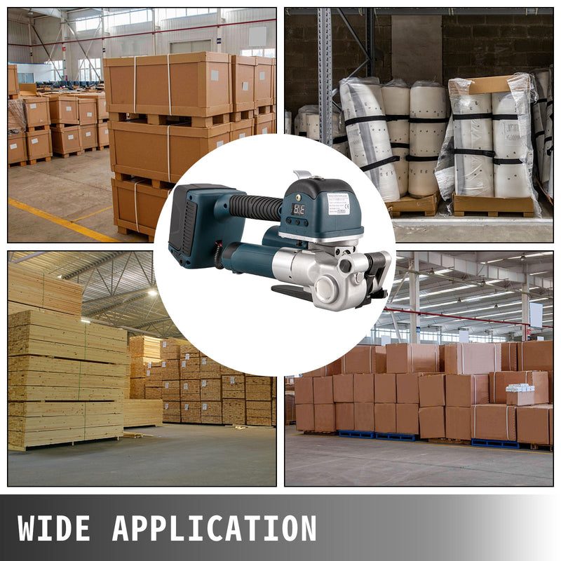 VEVOR elektriskais lentu stiprināšanas rīks DD19A – rokas strapping iekārta PP/PET lentēm 10–16 mm platumā, ar elektrisko metināšanu un regulējamu spriegojumu 400–3500 N, akumulatora darbināma