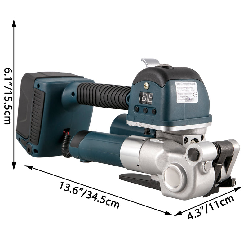 VEVOR elektriskais lentu stiprināšanas rīks DD19A – rokas strapping iekārta PP/PET lentēm 10–16 mm platumā, ar elektrisko metināšanu un regulējamu spriegojumu 400–3500 N, akumulatora darbināma