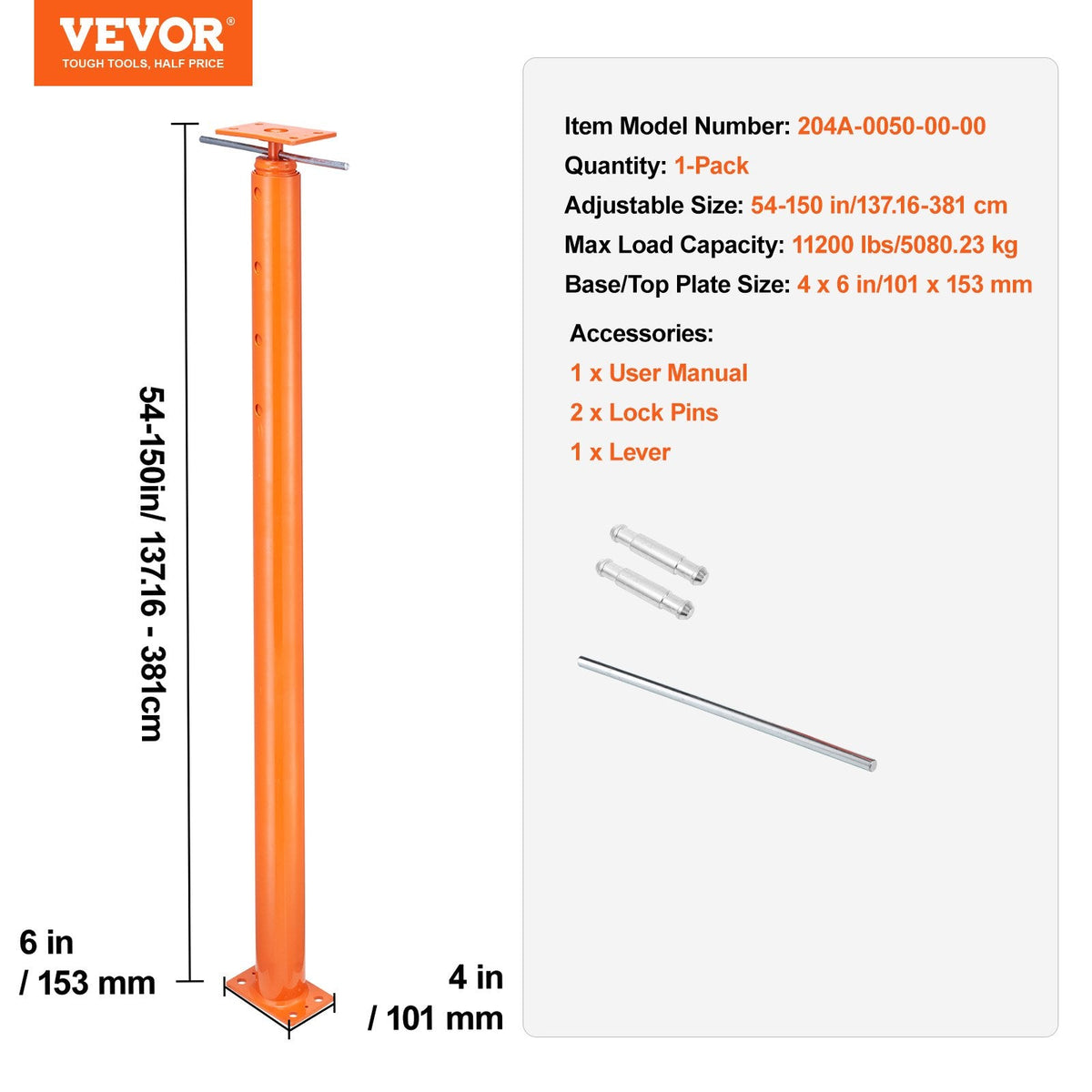 VEVOR Regulējams grīdas domkrats mājas grīdas izlīdzināšanai, pacelšanas augstums 137-381 cm