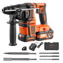 VEVOR 20 mm bezvadu rotācijas perforators SDS-Plus, 20 V akumulatora barošana, bezsuku motors, komplektā akumulators, lādētājs, 3 urbji, plakanais un smailais kalts, transportēšanas koferis, betonam