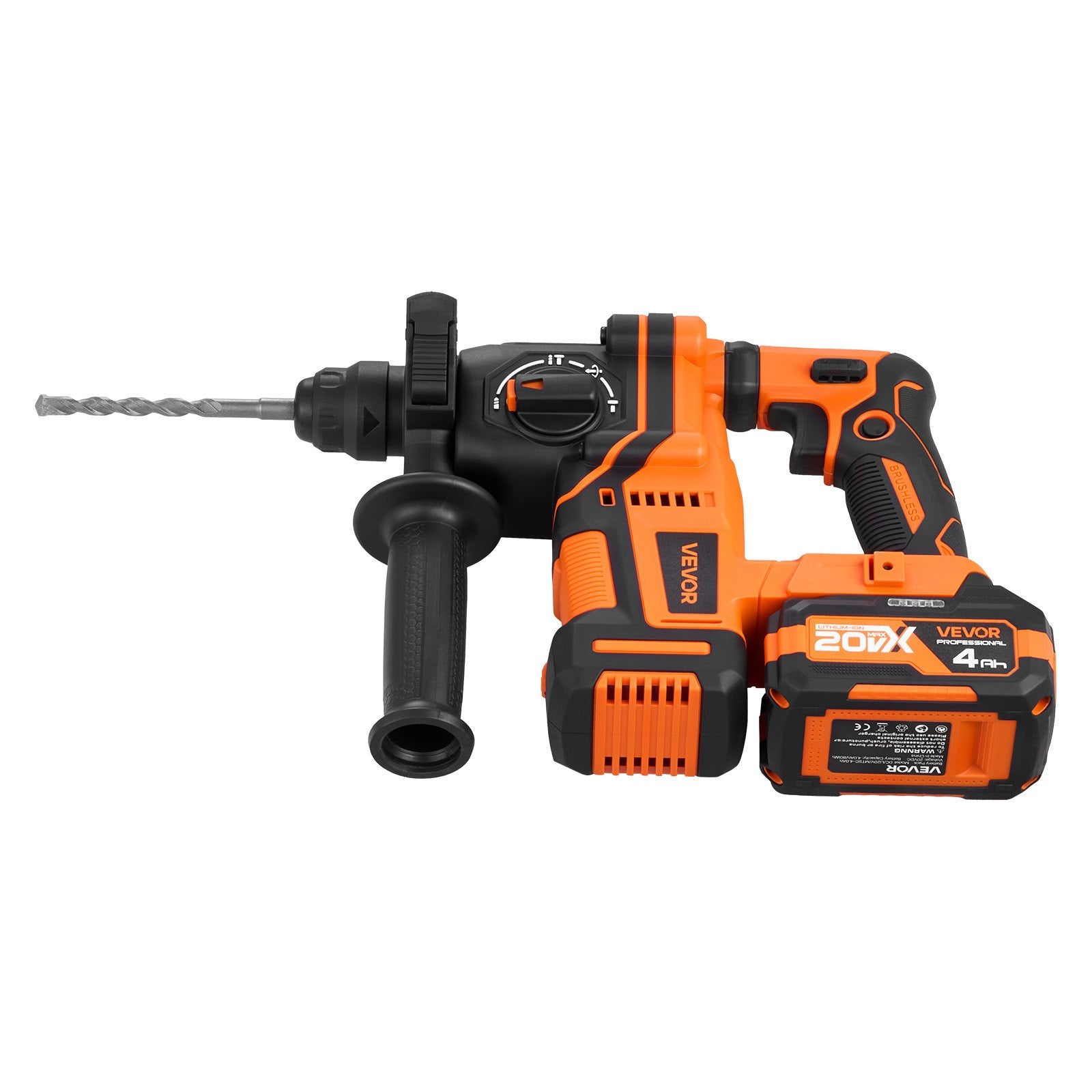 VEVOR 20 mm Cordless Rotary Hammer Drill, SDS-Plus, 20 V Battery-Powered, Brushless Motor, Includes Battery, Charger, 3 Drill Bits, Flat and Pointed Chisels, Carrying Case, for Concrete