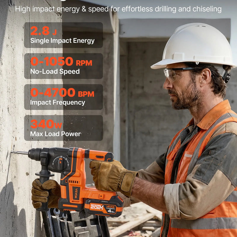 VEVOR 20 mm bezvadu rotācijas perforators SDS-Plus, 20 V akumulatora barošana, bezsuku motors, komplektā akumulators, lādētājs, 3 urbji, plakanais un smailais kalts, transportēšanas koferis, betonam
