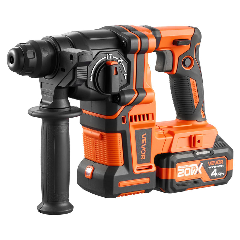 VEVOR 20 mm bezvadu rotācijas perforators SDS-Plus, 20 V akumulatora barošana, bezsuku motors, komplektā akumulators, lādētājs, 3 urbji, plakanais un smailais kalts, transportēšanas koferis, betonam