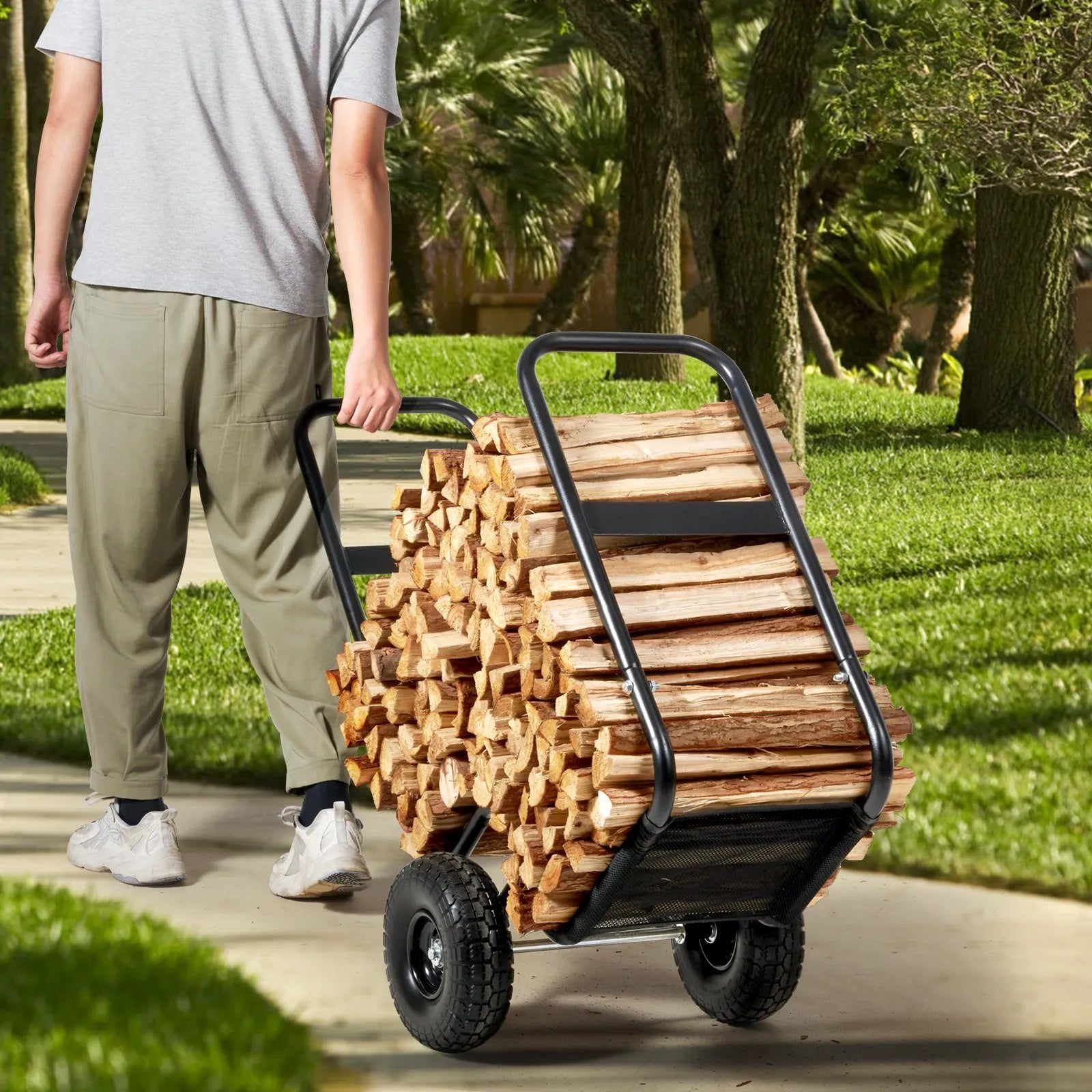 VEVOR malkas transportēšanas rati, 113,4 kg kravnesība, iekštelpu un āra malkas uzglabāšanas pārvietotājs ar PU riteņiem un ūdensizturīgu pārsegu, izturīga tērauda konstrukcija, malkas rati kamīnam un ugunskuram, melni