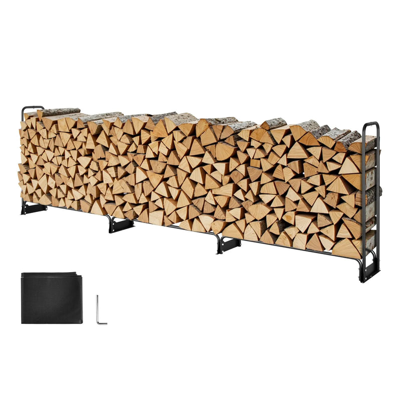 VEVOR āra malkas statīvs ar pārsegu, 3,9 m, izmēri 386 × 36 × 117 cm, pastiprināts malkas turētājs ar 600D Oxford ūdensizturīgu pārsegu, kamīnam un iekštelpu/āra malkas glabāšanai, 3/4 korda